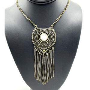 Boho Style Long Statement Pendant Necklace Chain Fringe Metal Bronze Tone 40"
